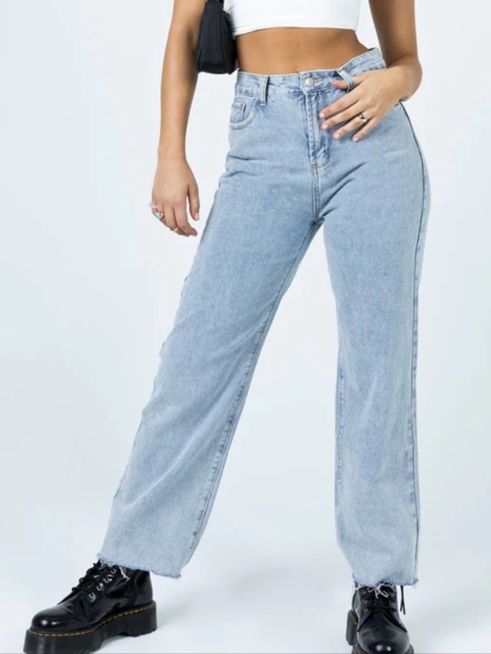 Princess Polly KALINDA DENIM JEANS Medium Wash High-Waist Wide Leg Raw Hem 4